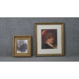 Two gilt framed and glazed prints. One of a black and white Victorian photo and a hand coloured