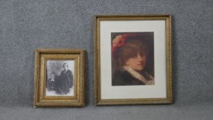 Two gilt framed and glazed prints. One of a black and white Victorian photo and a hand coloured