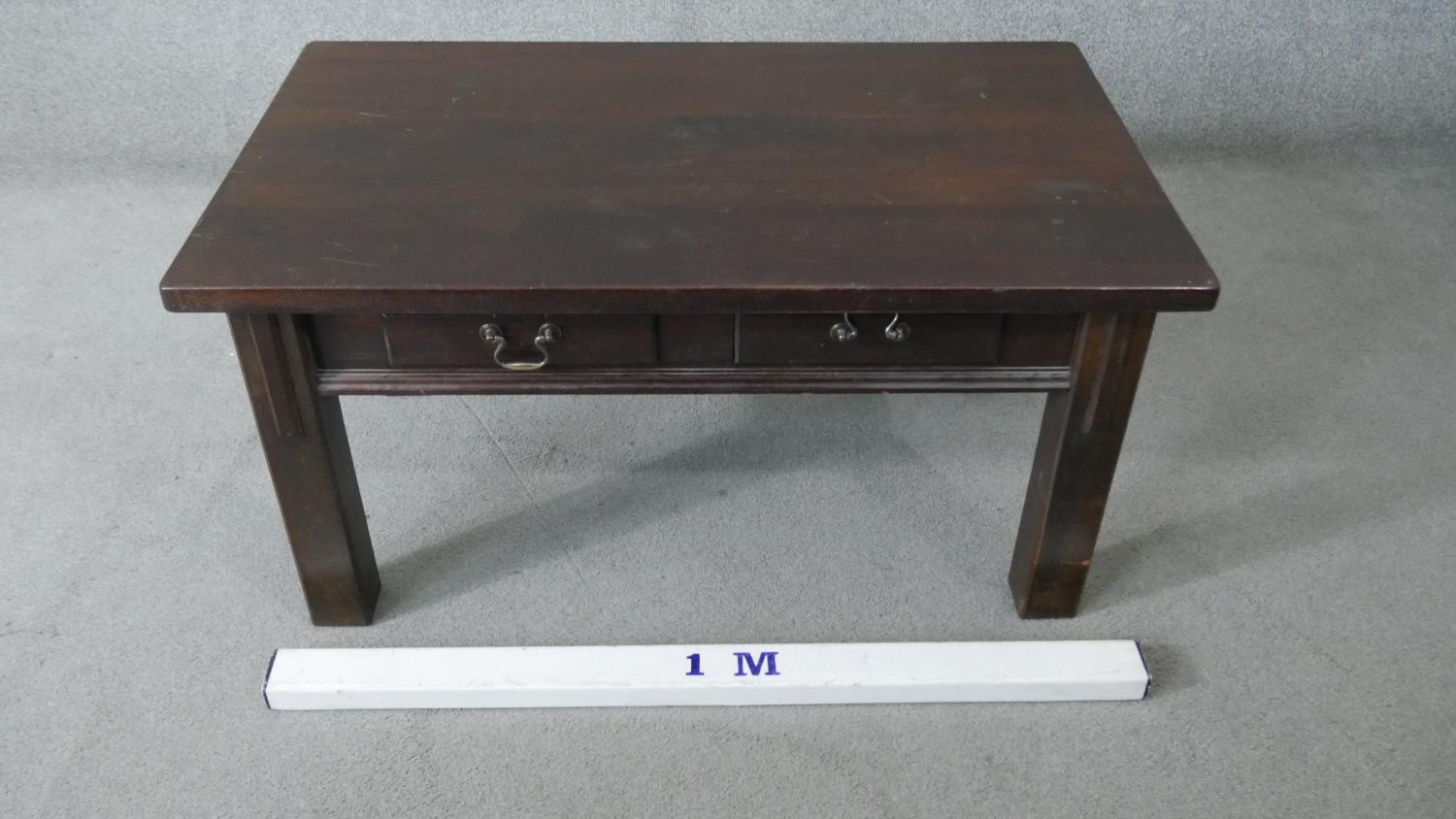 A low table fitted with frieze drawers on square tapering supports. H.51 W.101 D.61cm - Image 6 of 6