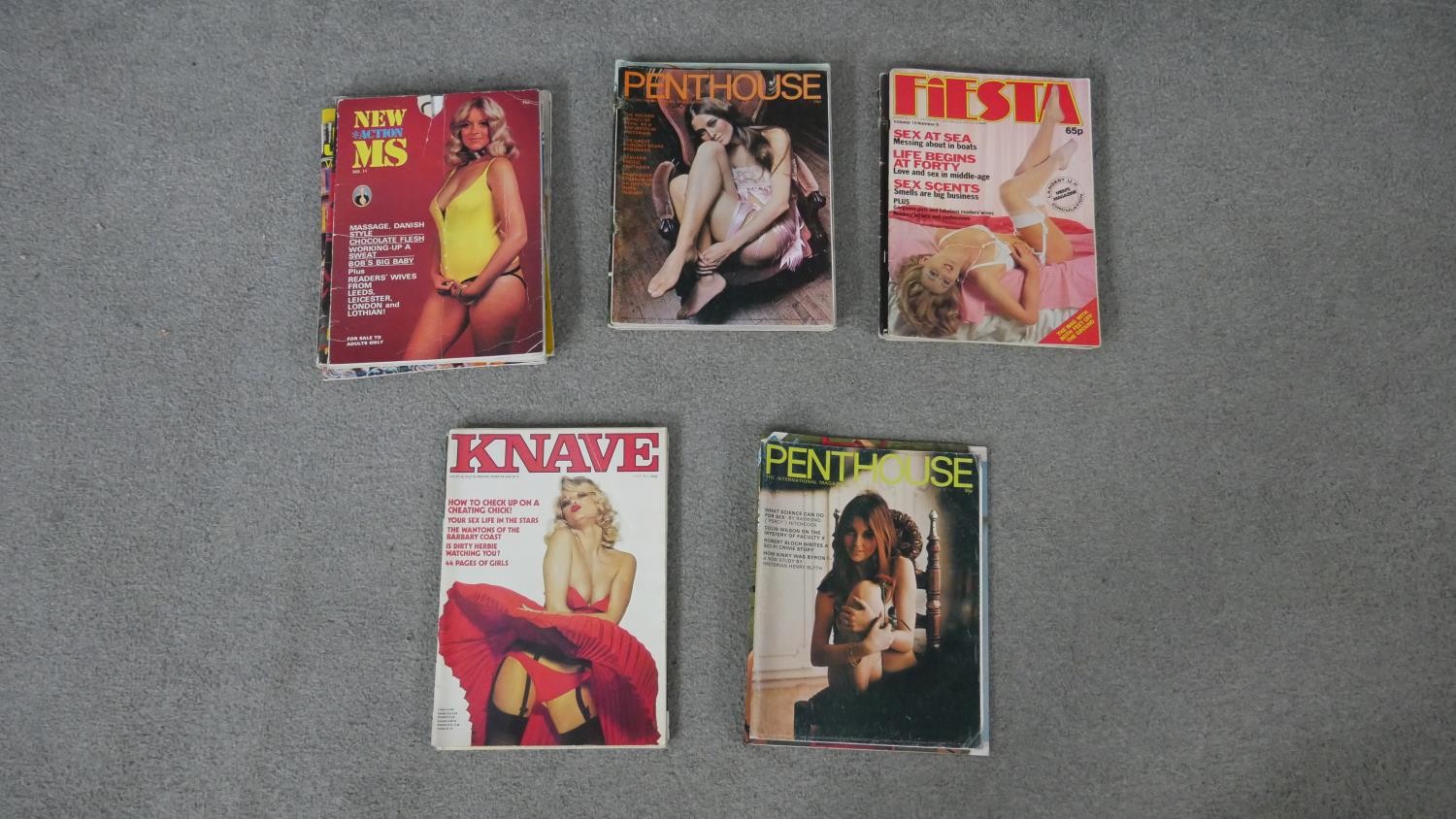 A collection of twenty four vintage erotica magazines. Including Knave, Fiesta, Penthouse and