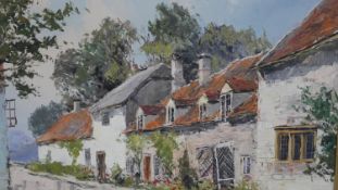 A framed oil on canvas of Snowshill, Gloucestershire. Indistinctly signed. Label verso. H.54 W.64cm