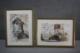 Two framed and glazed watercolours of architectural carved stone fountains. Indistinctly signed