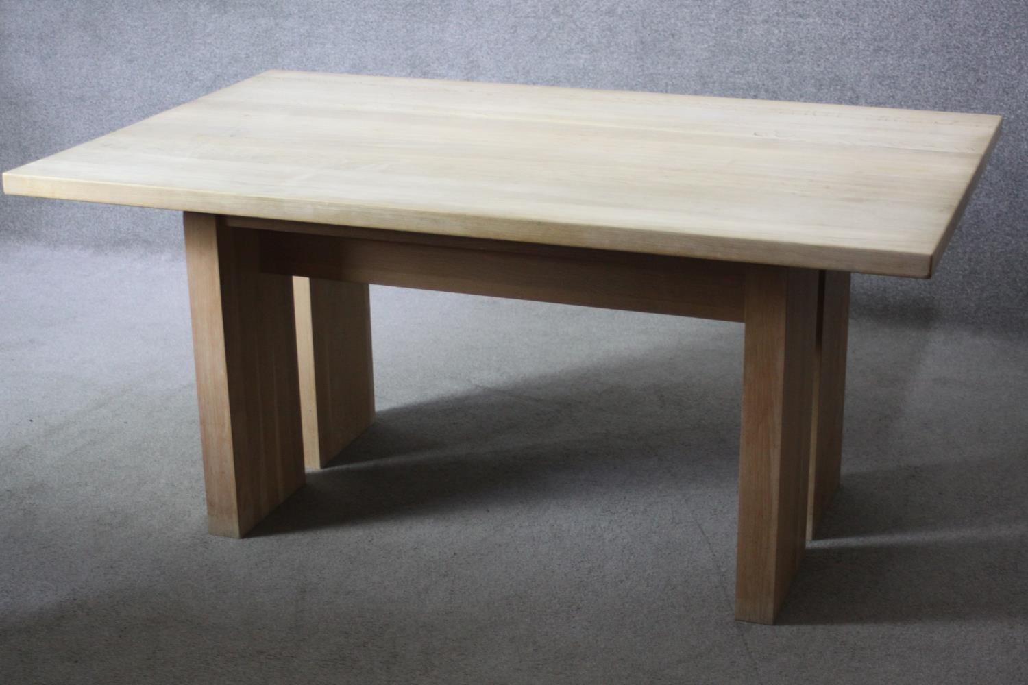 A contemporary light oak planked top dining table on block supports. H.74 W.160 D.100 cm. - Image 2 of 7