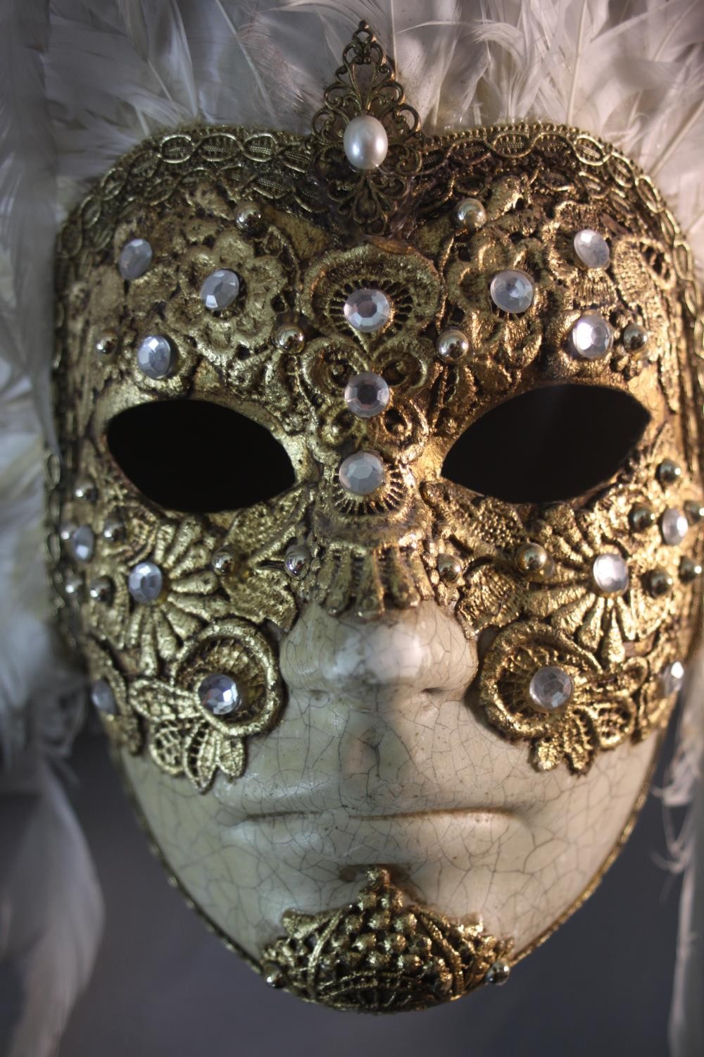 A bespoke Venetian carnival mask, with gilded brocade and white cockerel's feather headdress. H.46 - Image 5 of 6