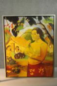 After Paul Gauguin- A framed oil on canvas of a woman holding fruit. Unsigned. H.98 W.78cm.