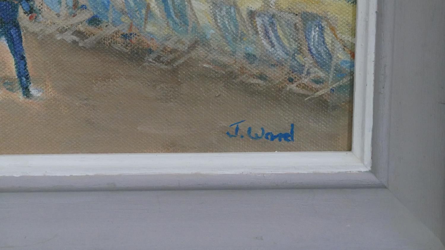 Two framed oils on canvas. One of a beach scene, signed J. Ward and label verso the other of a - Image 5 of 9