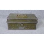 A Milner's Safe Company vintage army green lockable painted cash box with hinged compartments and