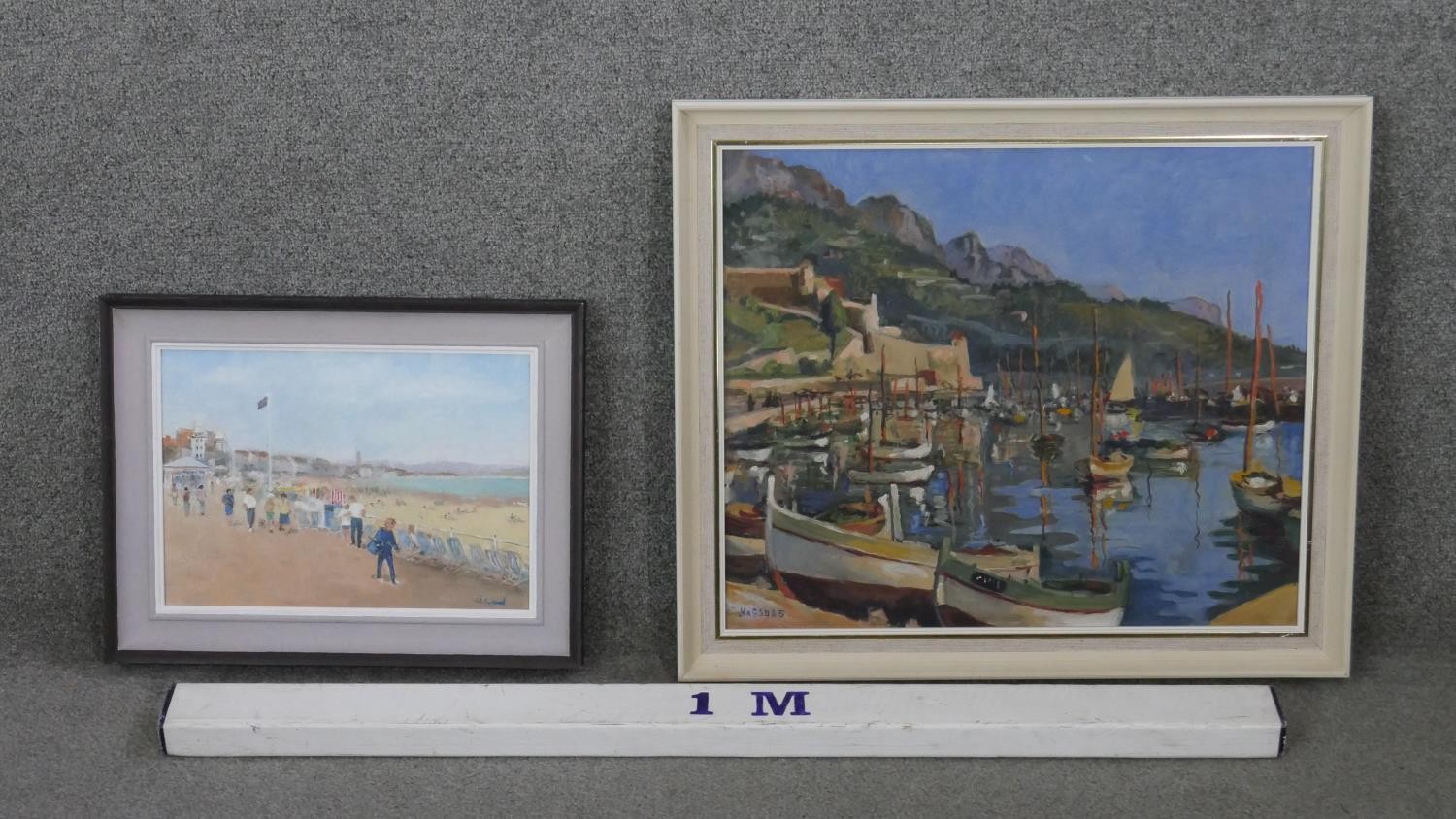 Two framed oils on canvas. One of a beach scene, signed J. Ward and label verso the other of a - Image 2 of 9