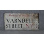 A vintage metal street sign, Varndell Street. Red and black lettering. H.46 W.92 cm