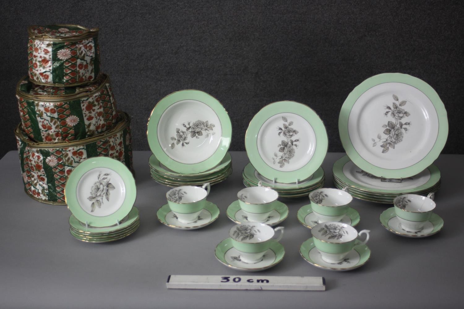 A six person vintage fine china coffee and dinner service. The service with a greyscale rose - Image 2 of 8