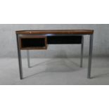 A vintage teak writing table on a metal frame. H.73 W.107 D.53cm