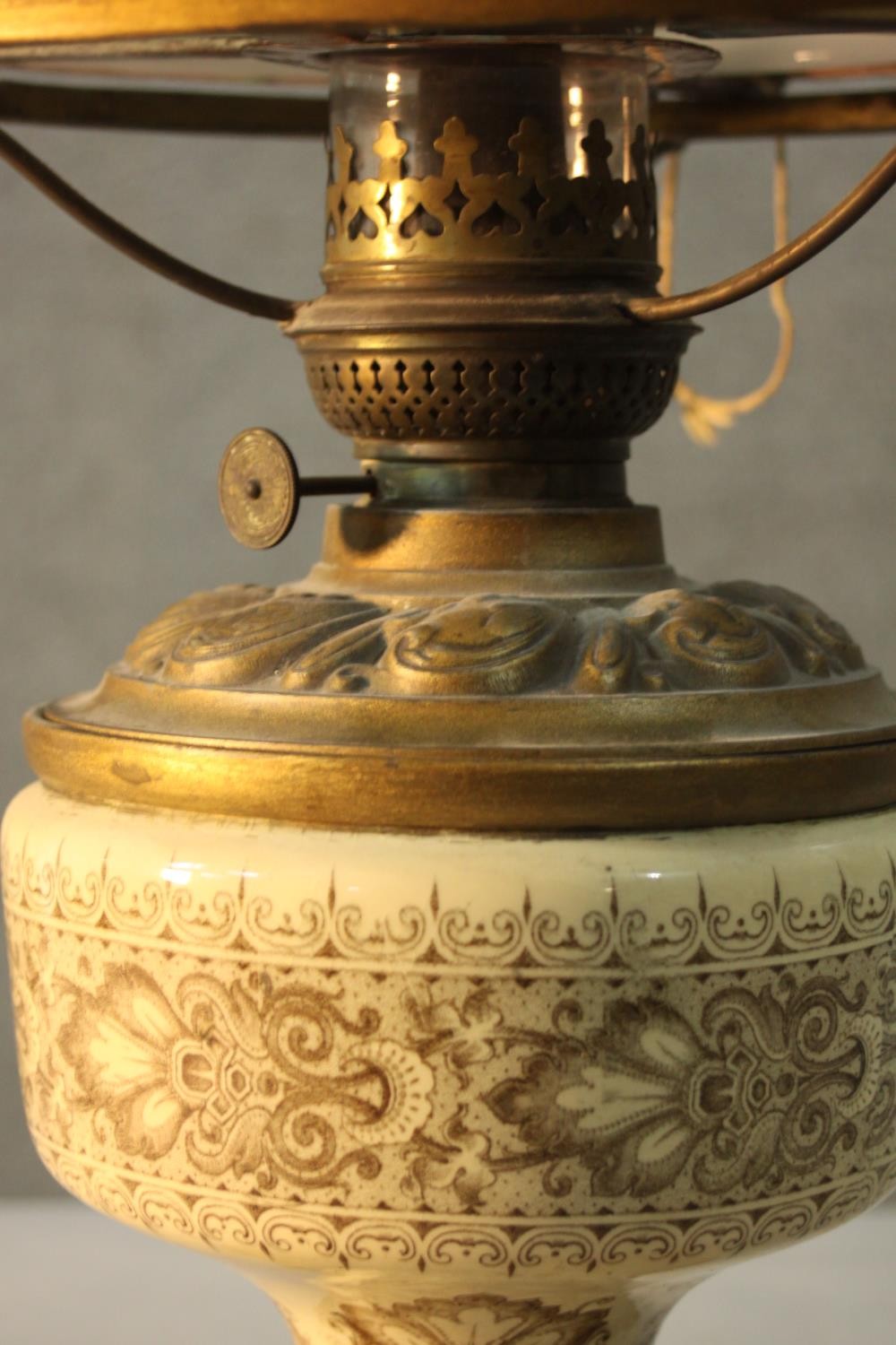 A Swedish copper and brass oil lamp with ceramic body and milk glass shade. H.54 Dia.26cm. - Image 4 of 6