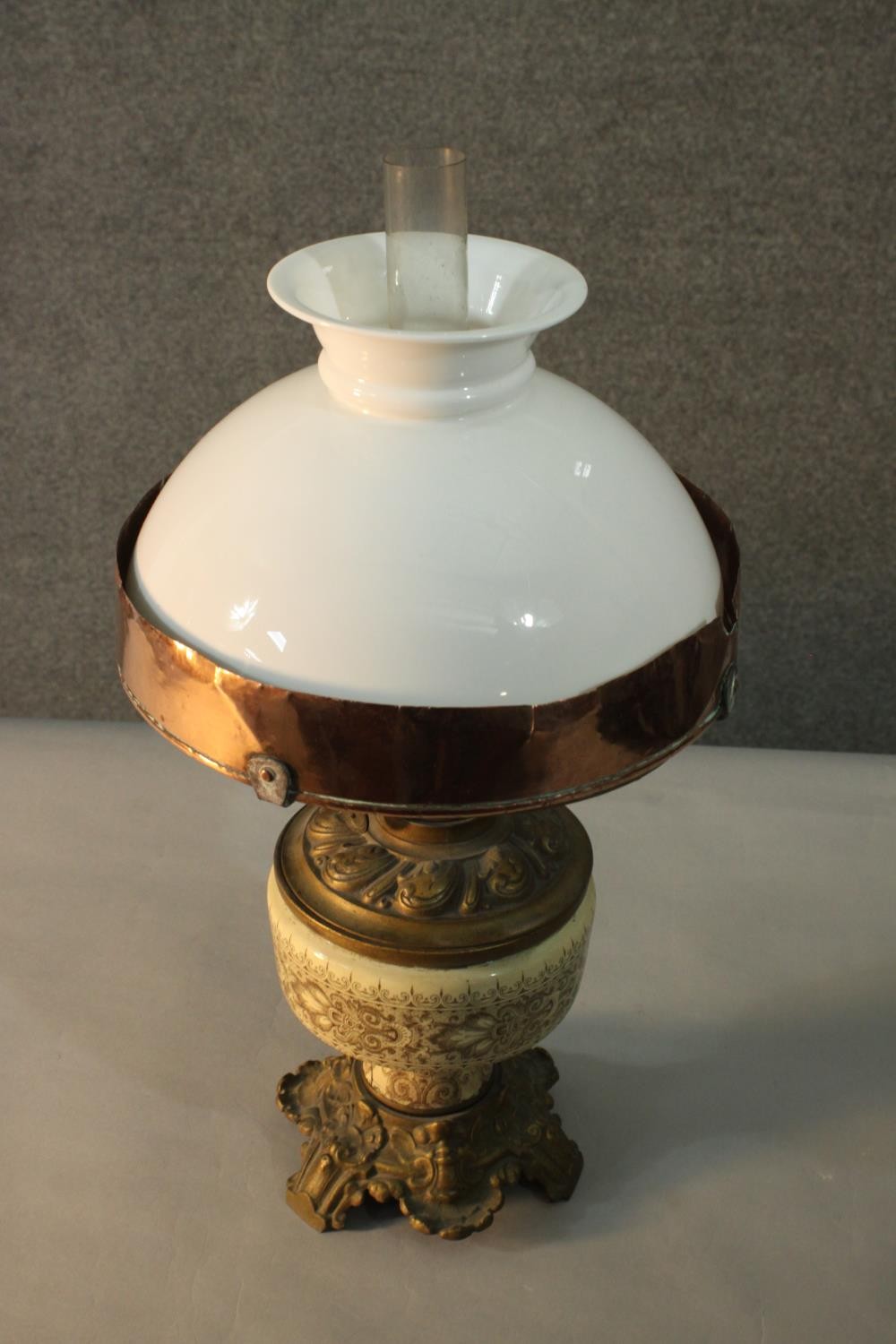 A Swedish copper and brass oil lamp with ceramic body and milk glass shade. H.54 Dia.26cm. - Image 3 of 6