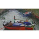 John Gilroy (1898 - 1985) A framed oil on board, rowing boats on the river, signed verso. H.50 W.