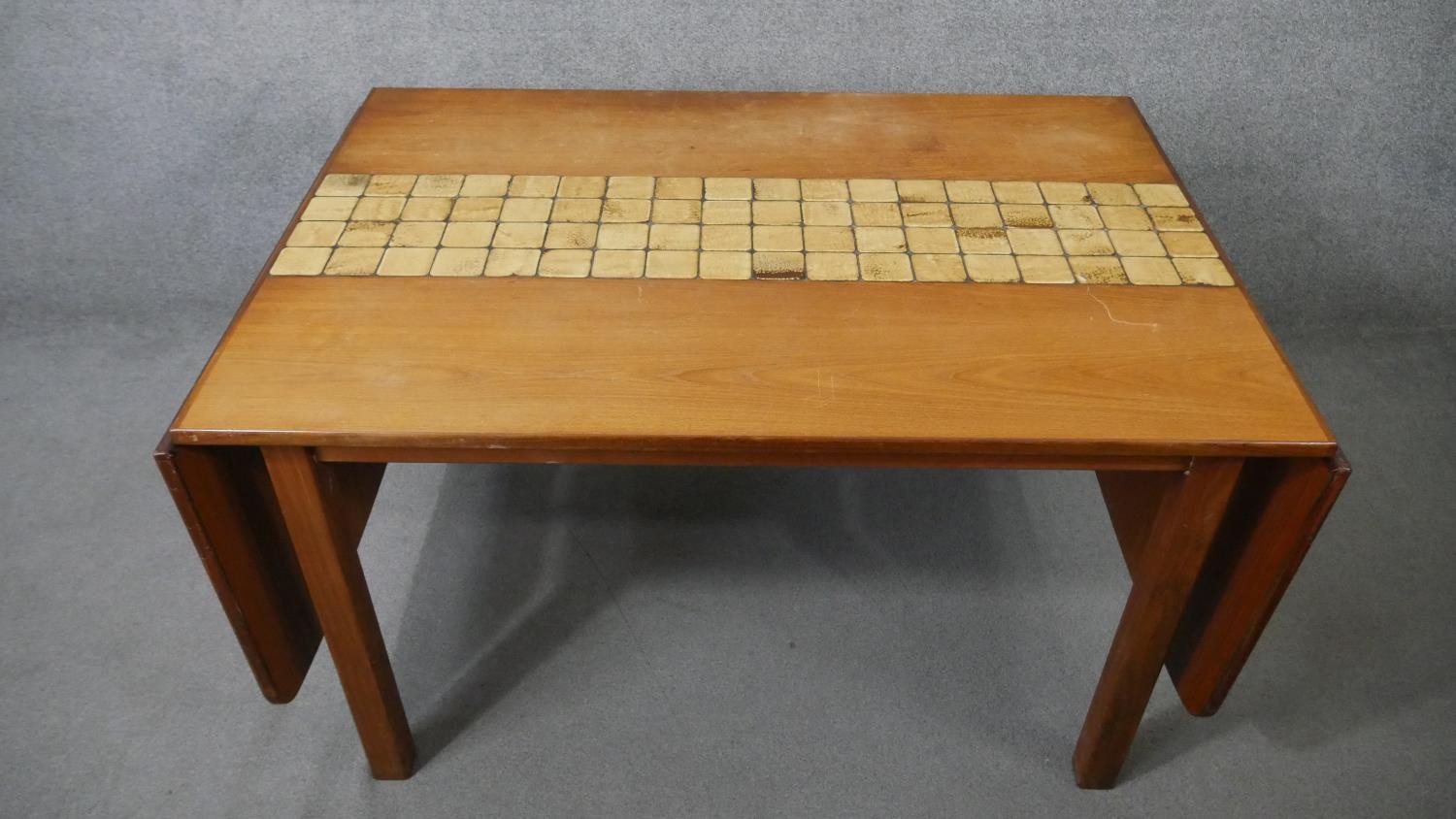 A 1960's vintage teak drop flap dining table with stoneware tile inlaid surface raised on square - Image 2 of 6