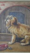 A gilt framed and glazed early 20th century oil on canvas of a terrier with a snail. Inscribed to