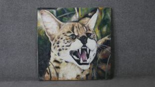 A large oil on canvas of a wild cat. Unsigned. H.90 W.90cm