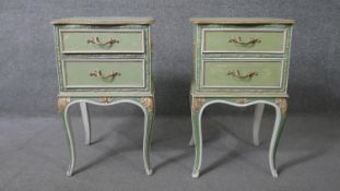 A pair of mid century Continental style distressed painted bedside tables on cabriole supports. H.69