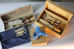 A large collection of woodworking tools. Including a Diamond brand table clamp with box, mortice