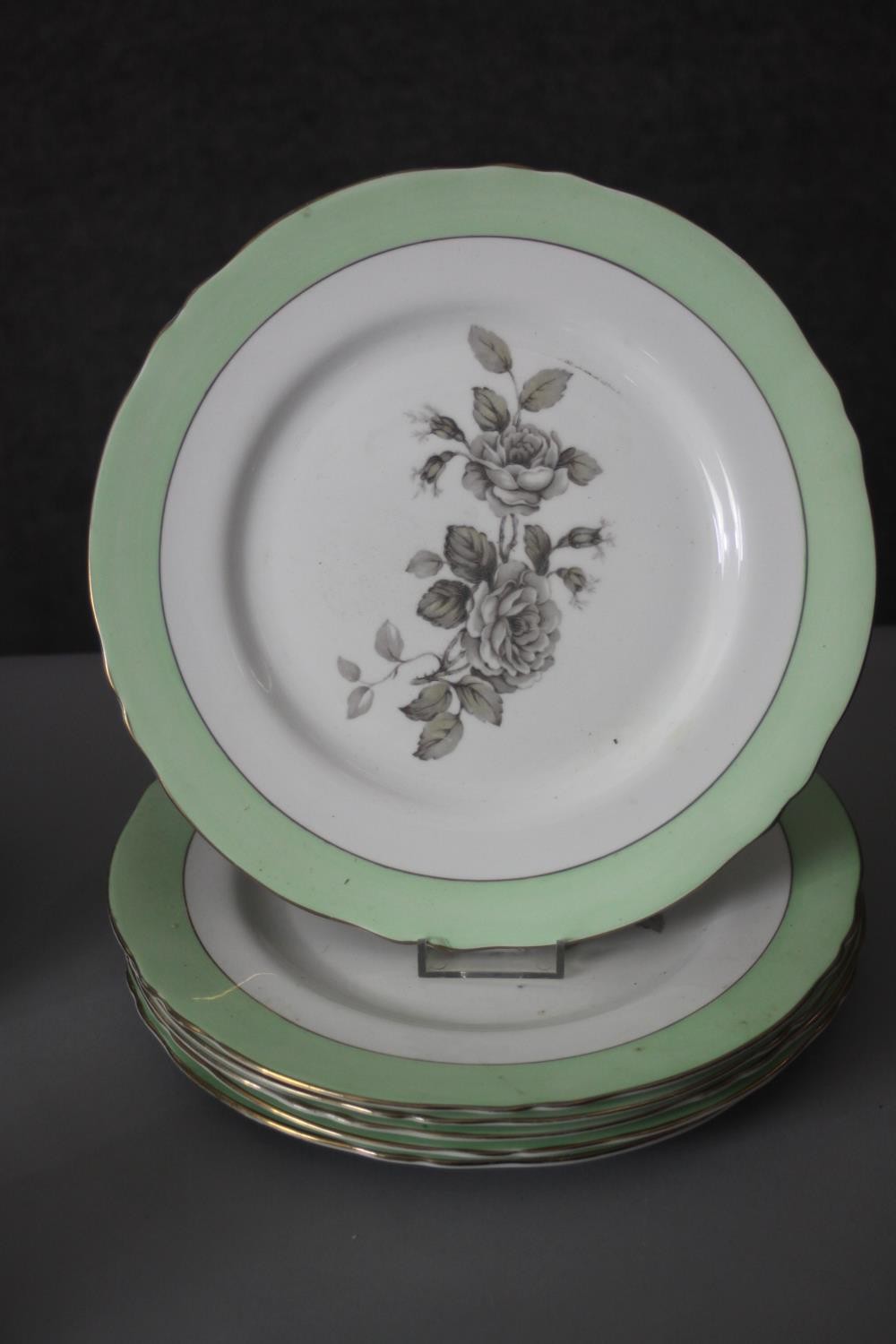 A six person vintage fine china coffee and dinner service. The service with a greyscale rose - Image 8 of 8