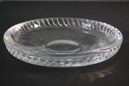 A large heavy vintage art glass bowl. The rim with a hand cut diagonal semi-circular design. H.6