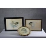 Three framed and glazed vintage Bessie Pease Gutmann prints of babies, signed in plate. H.54 W.62 cm