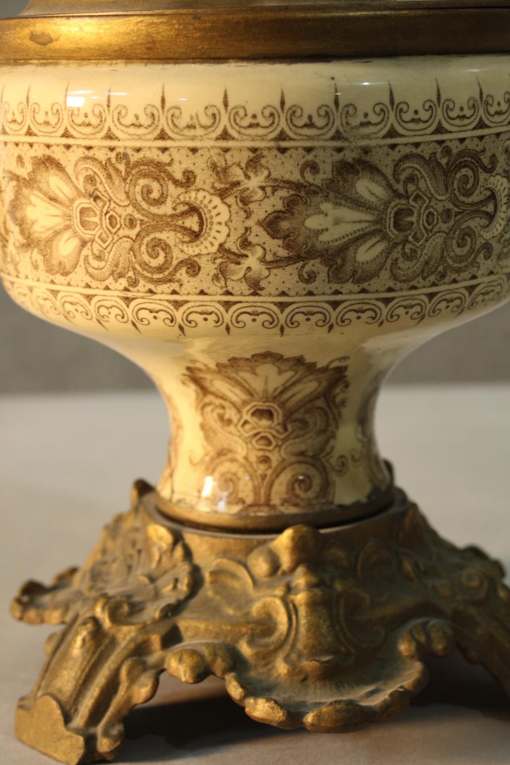 A Swedish copper and brass oil lamp with ceramic body and milk glass shade. H.54 Dia.26cm. - Image 5 of 6