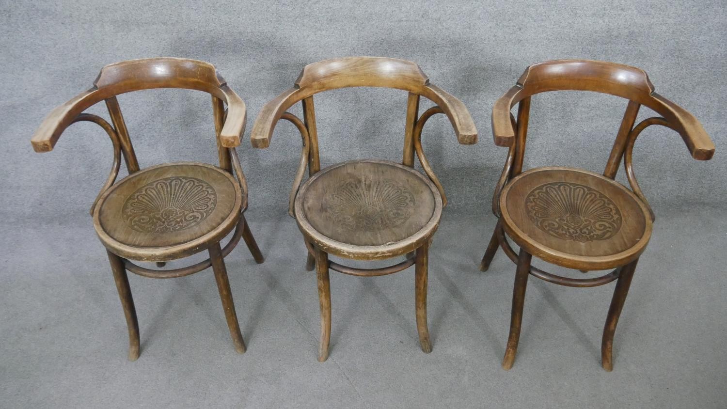 A set of three bentwood armchairs with floral embossed panel seats. - Image 2 of 7