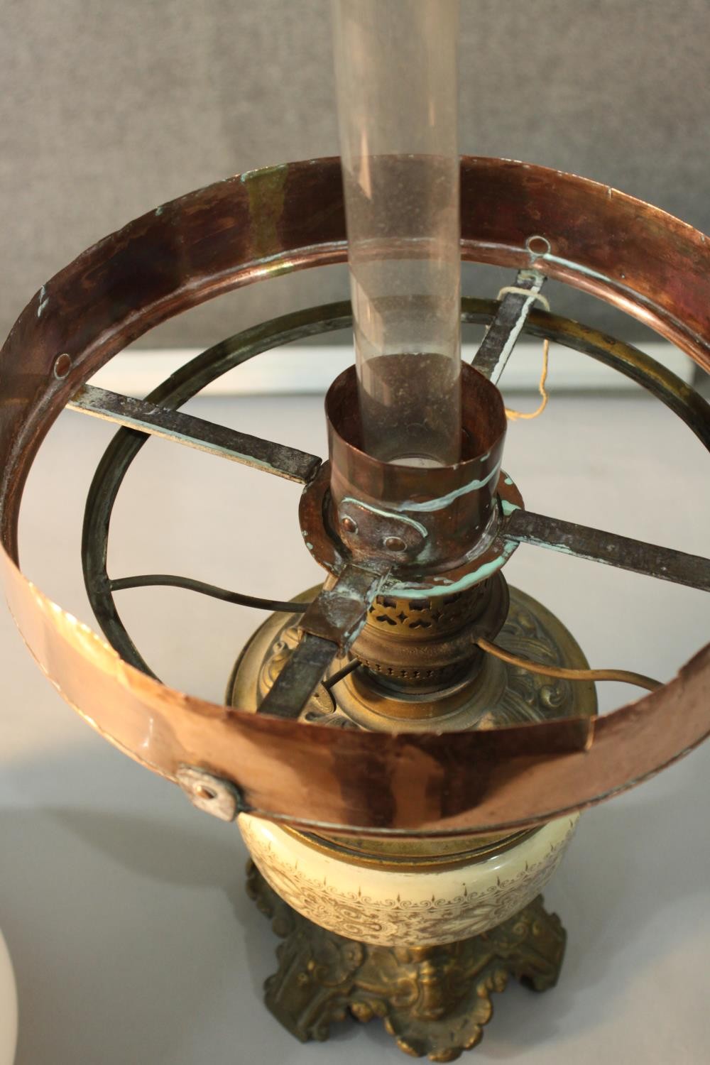 A Swedish copper and brass oil lamp with ceramic body and milk glass shade. H.54 Dia.26cm. - Image 6 of 6