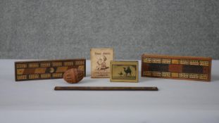 A collection of treen and other items. Including a carved Coquilla nut sewing egg, a Tunbridge