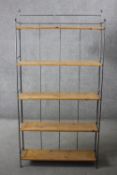 A set of metal framed floor standing open shelves. H.170 W.86 D.24 cm.