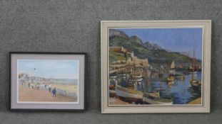 Two framed oils on canvas. One of a beach scene, signed J. Ward and label verso the other of a