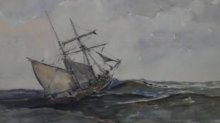 A framed and glazed watercolour of a two mast sailing ship. Unsigned. H.49 W.57 cm
