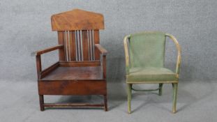 A vintage child's armchair and a woven child's bedroom chair.