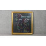 A framed and glazed painted map of Bangladesh with glitter detailing and illustrations. Artists