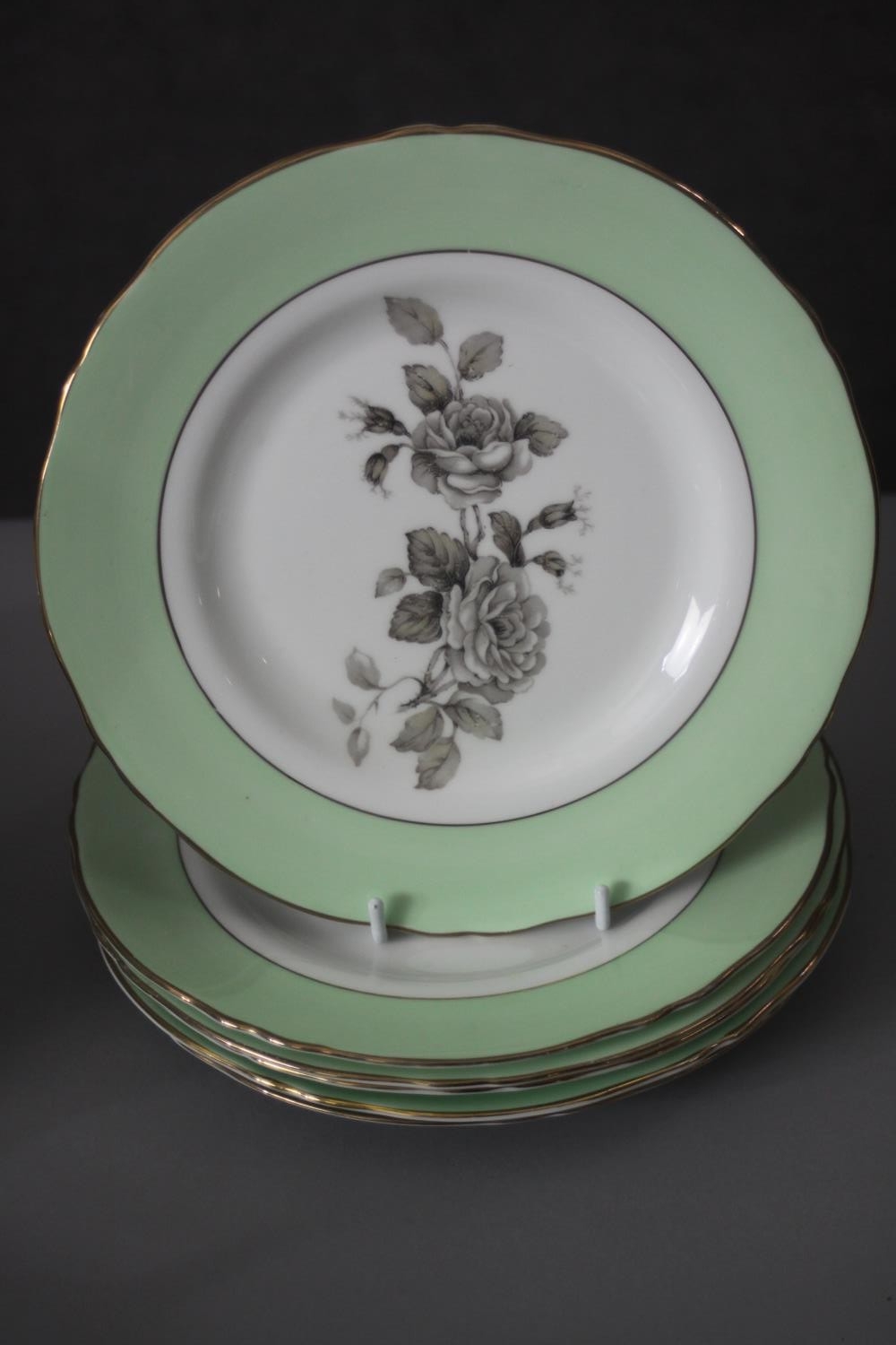 A six person vintage fine china coffee and dinner service. The service with a greyscale rose - Image 7 of 8