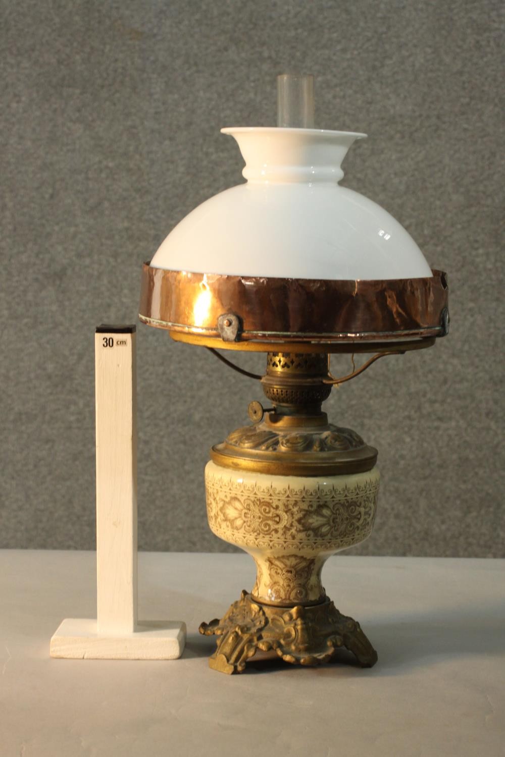 A Swedish copper and brass oil lamp with ceramic body and milk glass shade. H.54 Dia.26cm. - Image 2 of 6