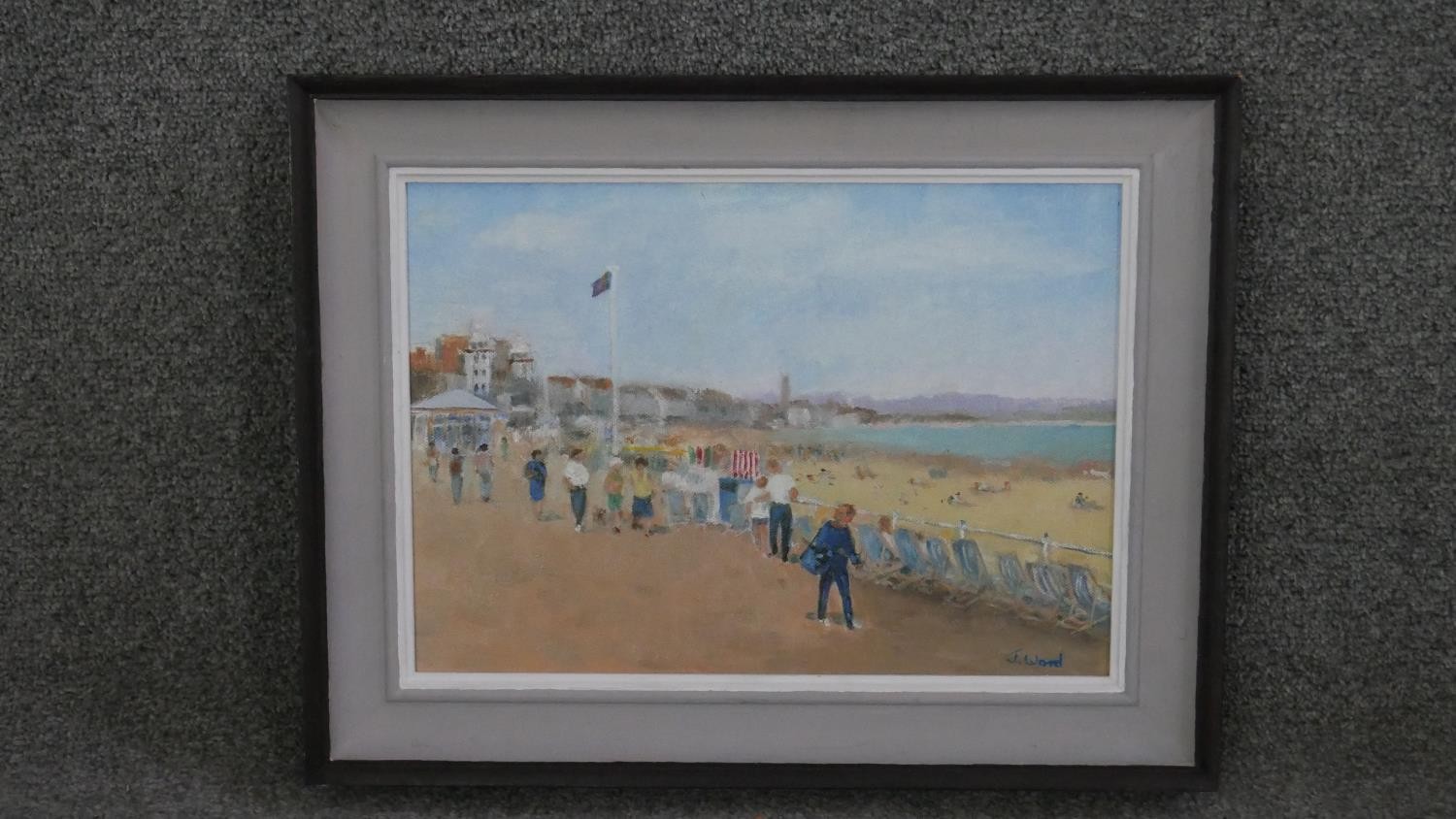 Two framed oils on canvas. One of a beach scene, signed J. Ward and label verso the other of a - Image 3 of 9