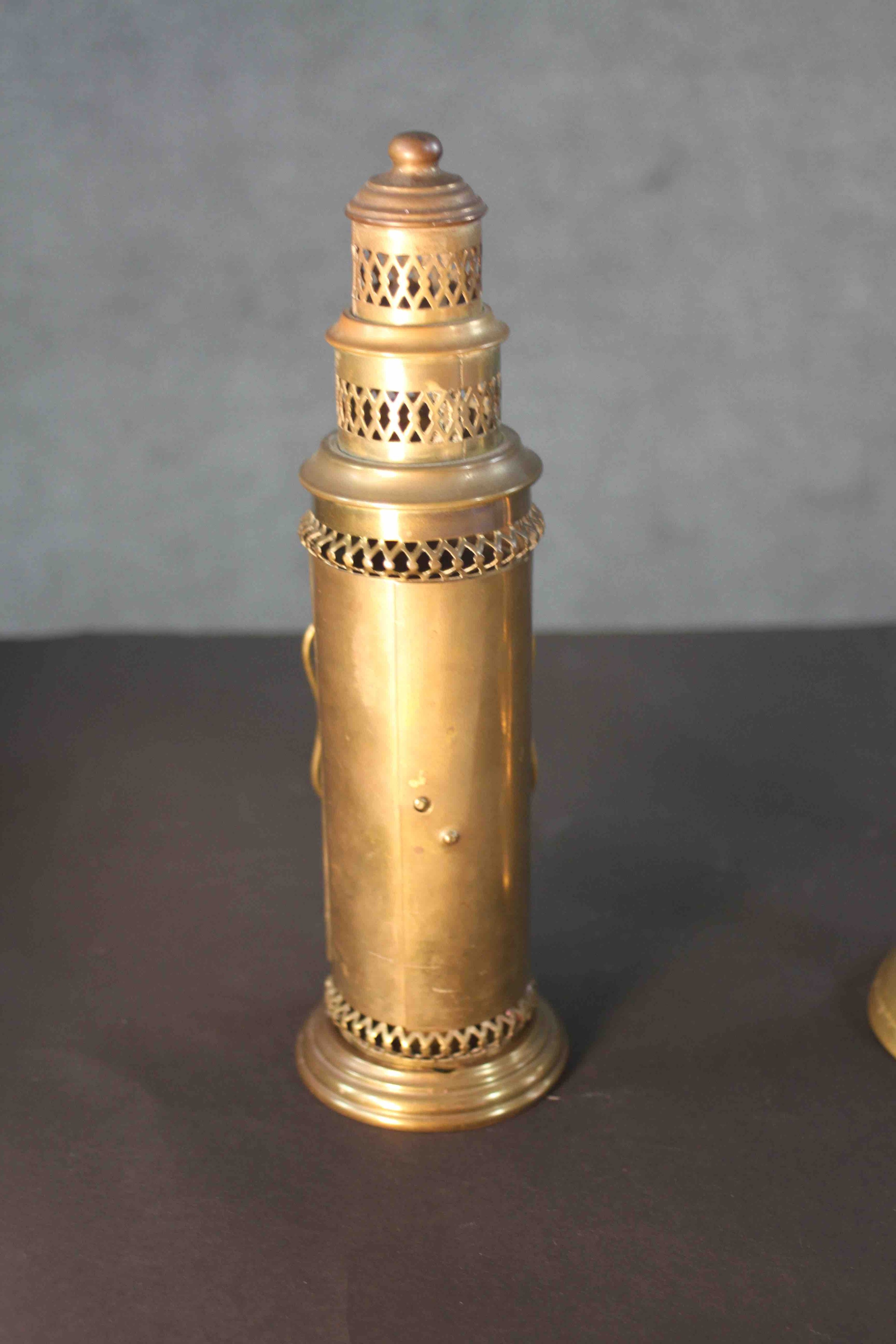 A pair of early 20th century brass candlesticks along with a portable brass candlestick lantern with - Image 4 of 8