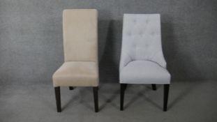 A contemporary buttoned back upholstered dining chair along with a similar chair.
