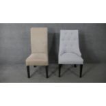 A contemporary buttoned back upholstered dining chair along with a similar chair.