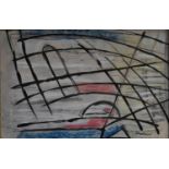 In the manner of Gharbaoui, a framed oil on board, abstract composition, signed. H.53 W.72cm