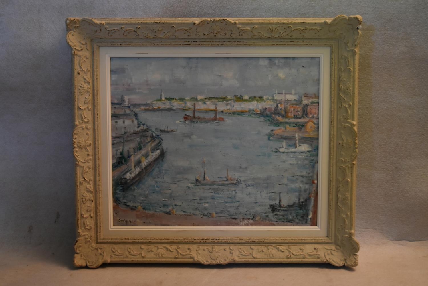 A mid century oil on board, the harbour at Bognor Regis, indistinctly signed, in decorative