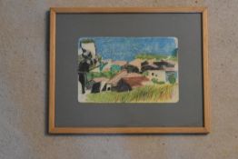 A framed and glazed pastel. Mediterranean landscape with sea in the distance, unsigned. H.26 W.35cm
