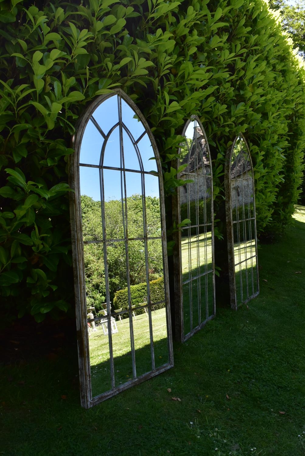 A set of three Gothic arched garden mirrors in distressed painted window pane metal frames. H.159 - Image 3 of 6
