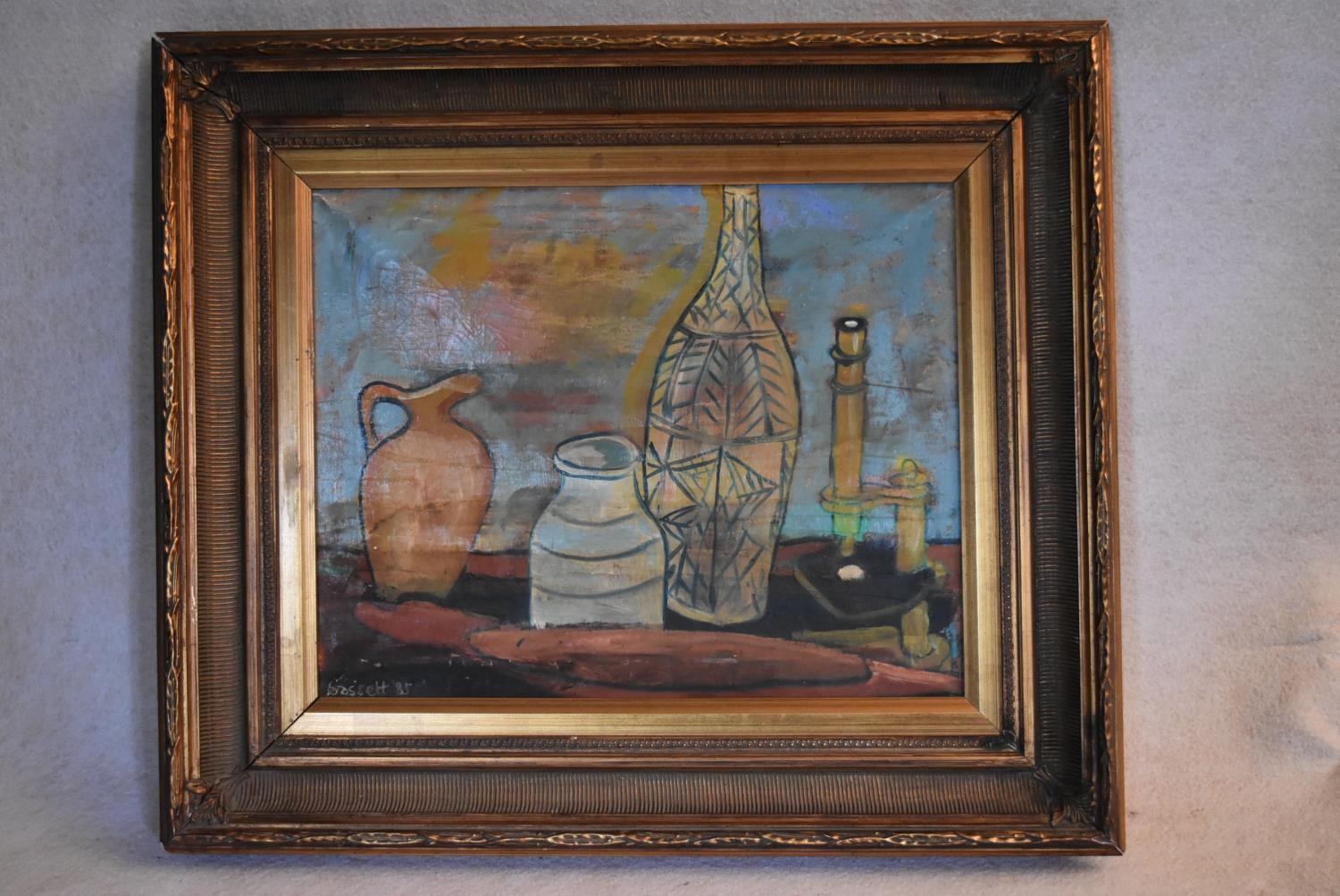 A gilt framed oil on canvas, abstract still life, signed and dated, Bassett 85. H.62 W.73cm - Image 2 of 6