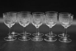 A set of ten machine engraved sherry glasses with a repeating geometric design. H.10 Dia.6cm (10)