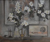 Harold H Jones, a gilt framed oil on board, Orange Blossom, label verso. H.32 W.37cm