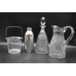 A collection of various glassware with cocktail shaker. To include, a matching crystal glass
