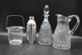 A collection of various glassware with cocktail shaker. To include, a matching crystal glass